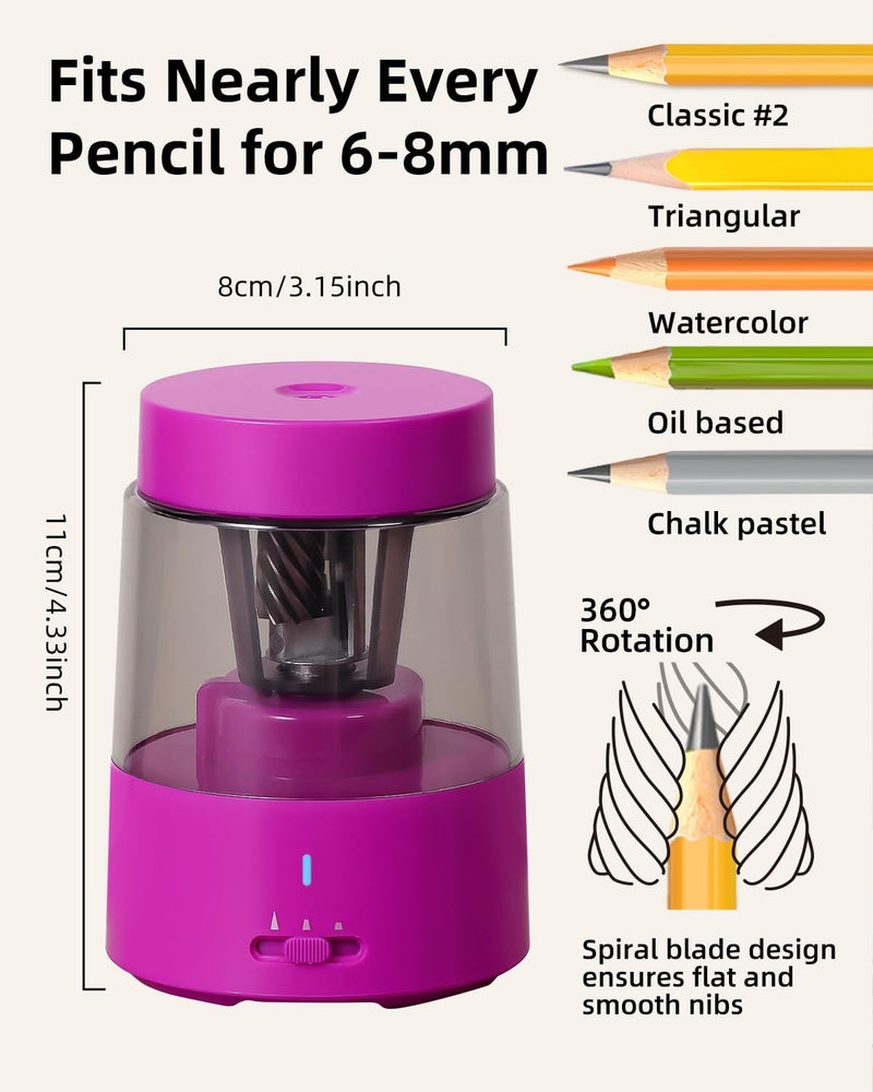Zmol Electric Rechargeable Pencil Sharpener, Automatic Pencil Sharpeners Kids, Battery Pencil Sharpeners for Colored Pencils, Auto Stop, Suitable for No.2(6-8mm), School/Home Pink - Image 2
